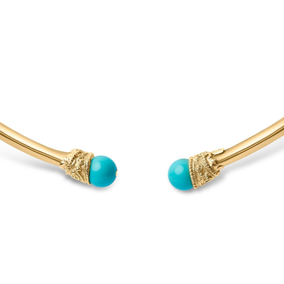 18K Yellow Gold Sculpted Collar Necklace with Turquoise Cabochon Ends - Necklaces - Custom Crafting Alliance, LLC