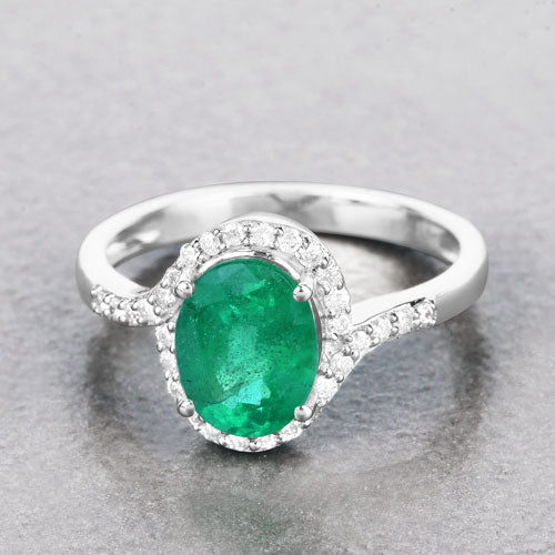 1.92 Carat Genuine Zambian Emerald and White Diamond 14K White Gold Ring - Rings - Custom Crafting Alliance, LLC