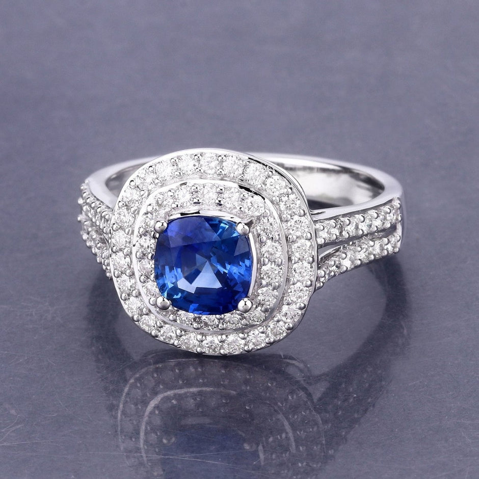 1.96 Carat Genuine Blue Sapphire and White Diamond 18K White Gold Ring - Rings - Custom Crafting Alliance, LLC