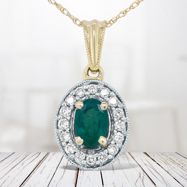 14K Yellow Gold 6x4mm Emerald and 1/5 Cttw Round Diamond Halo Pendant 18