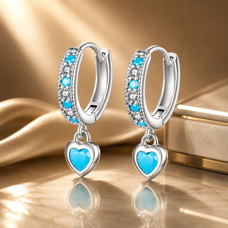 925 Sterling Silver Earrings with Synthetic Turquoise and CZ - White Gold Plated