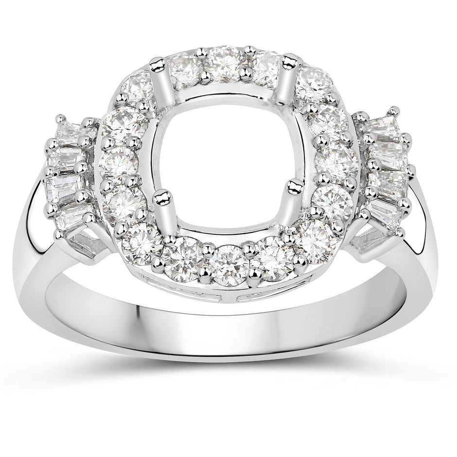 0.73 Carat Genuine White Diamond 14K White Gold Semi Mount Ring - holds 8x8mm Cushion Gemstone
