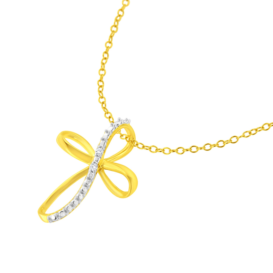 10K Yellow Gold Plated .925 Sterling Silver Diamond Accent Cross Ribbon 18