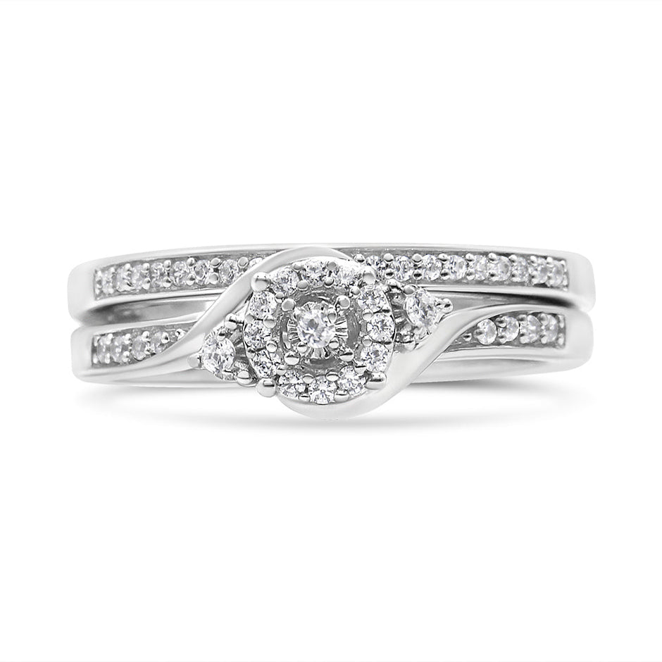 .925 Sterling Silver 1/4 Cttw Diamond Halo and Swirl Engagement Ring and Wedding Band Set (I-J Color, I3 Clarity)- Ring Size 7