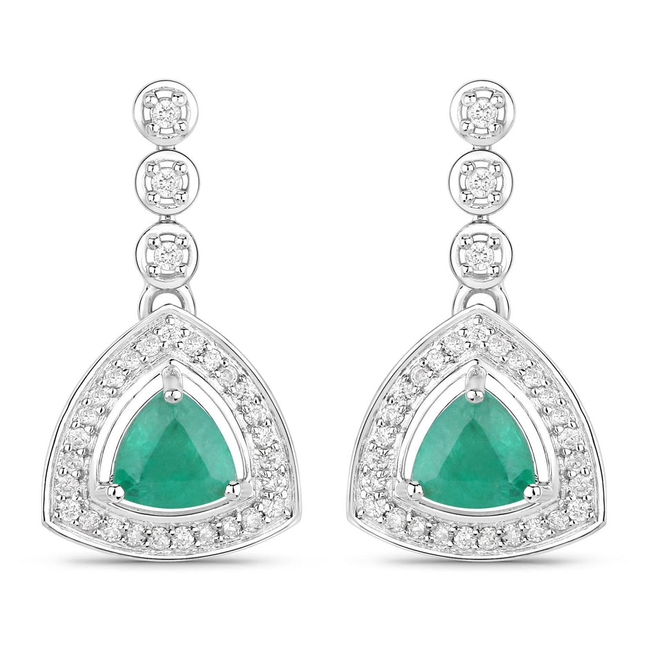 1.39 Carat Genuine Zambian Emerald and White Diamond 14K White Gold Earrings
