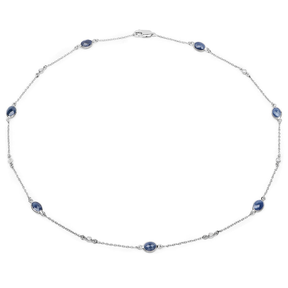6.43 Carat Genuine Blue Sapphire and White Diamond .925 Sterling Silver Necklace