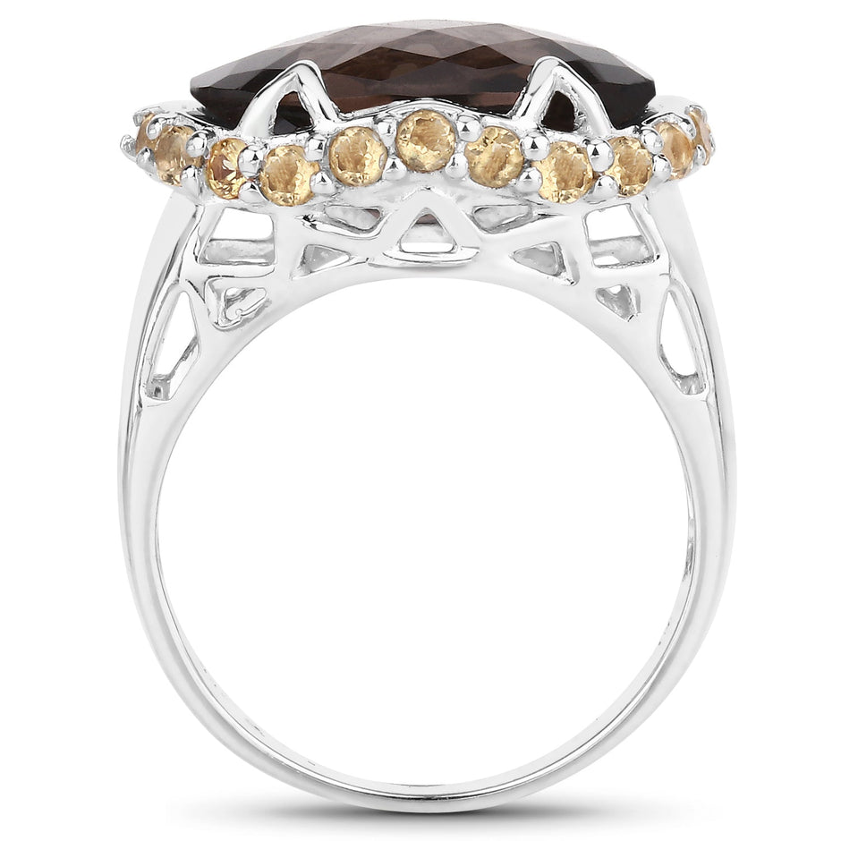 9.58 Carat Genuine Smoky Quartz and Citrine .925 Sterling Silver Ring