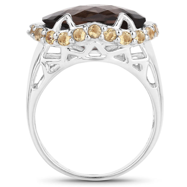 Two Tone Plated 9.58 Carat Genuine Smoky Quartz & Citrine .925 Sterling Silver Ring