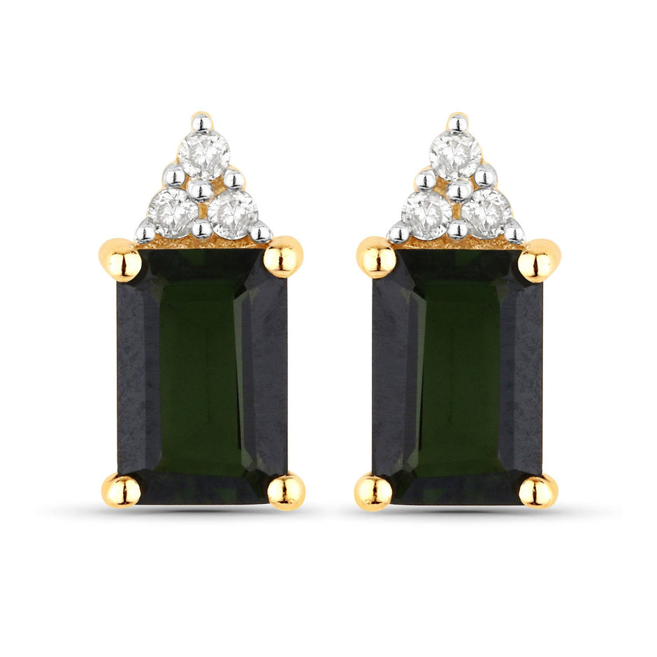 1.25 Carat Genuine Green Tourmaline and White Diamond 14K Yellow Gold Earrings