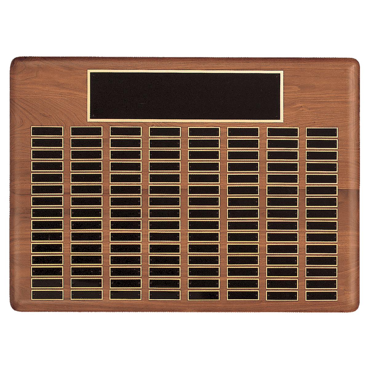 22 X 30/Plates 7/8 X 2 3/4 American Walnut 144 Plate Perpetual Solid Walnut Recognition Plaque With Black Brass Plated Steel Plates - Award - Custom Crafting Alliance, LLC