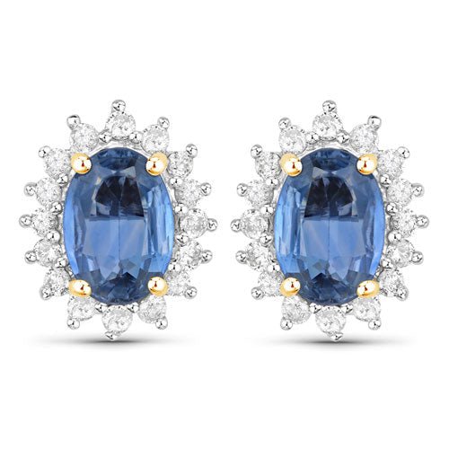 2.22 Carat Genuine Blue Sapphire and White Diamond 14K Yellow Gold Earrings - Earrings - Custom Crafting Alliance, LLC