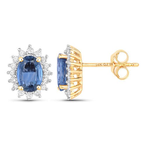 2.22 Carat Genuine Blue Sapphire and White Diamond 14K Yellow Gold Earrings - Earrings - Custom Crafting Alliance, LLC