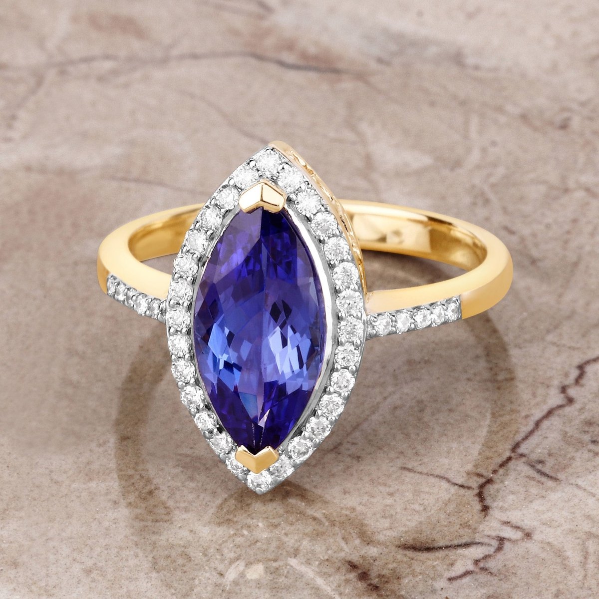 2.33 Carat Genuine Tanzanite and White Diamond 14K Yellow Gold Ring - Rings - Custom Crafting Alliance, LLC