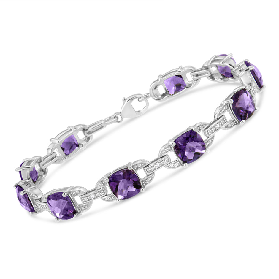 .925 Sterling Silver 7mm Cushion Cut Amethyst Gemstone and Diamond Tennis Link Bracelet (I-J Color, I1-I2 Clarity) - Size 7