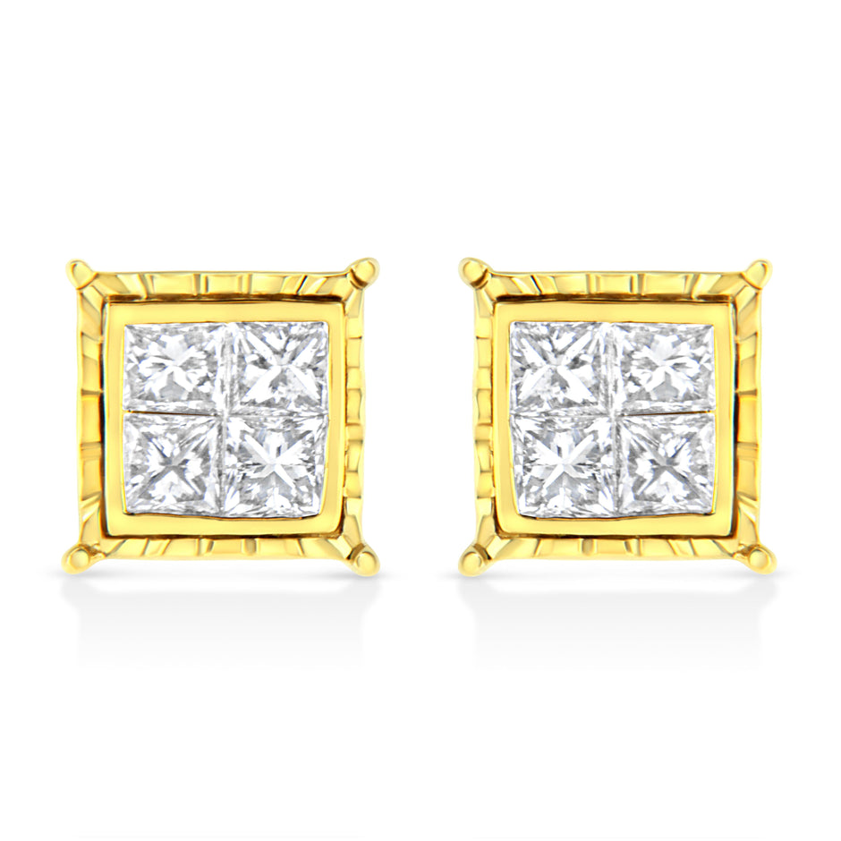 14K Yellow Gold 1 Cttw Princess Cut Diamond Square Stud Earrings