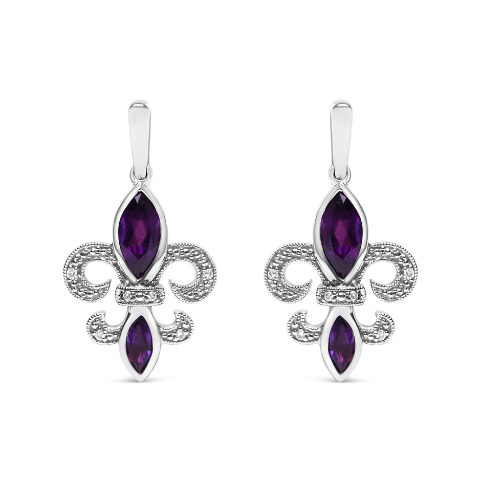 .925 Sterling Silver Marquise Cut Amethyst and Diamond Accent Fleur De Lis Dangle Stud Earrings (H-I Color, SI1-SI2 Clarity)