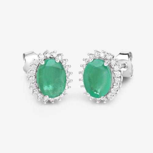 2.66 Carat Genuine Zambian Emerald and White Diamond 10K White Gold Earrings - Earrings - Custom Crafting Alliance, LLC