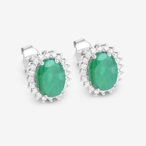 2.66 Carat Genuine Zambian Emerald and White Diamond 10K White Gold Earrings - Earrings - Custom Crafting Alliance, LLC