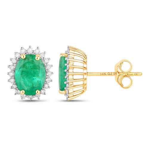 2.66 Carat Genuine Zambian Emerald and White Diamond 14K Yellow Gold Earrings - Earrings - Custom Crafting Alliance, LLC