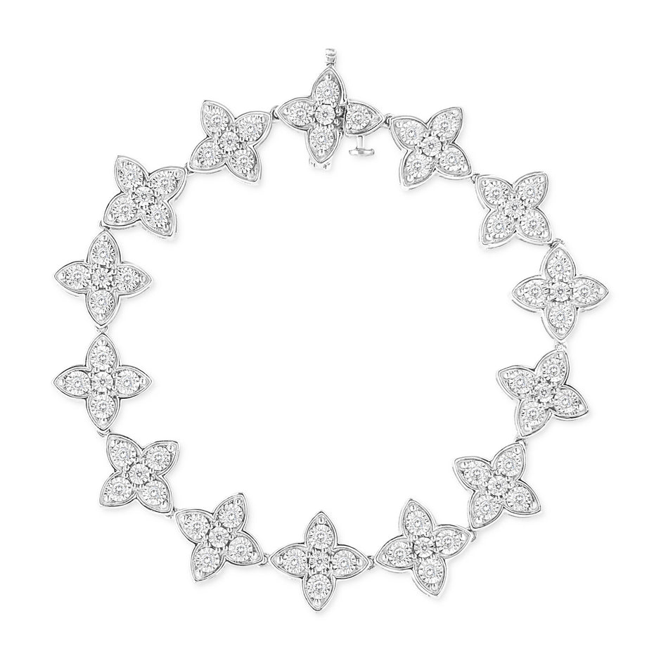 .925 Sterling Silver 1.0 cttw Miracle-Set Diamond 4 Leaf Clover Link Bracelet (I-J Clarity, I3 Color) - Size 7.25