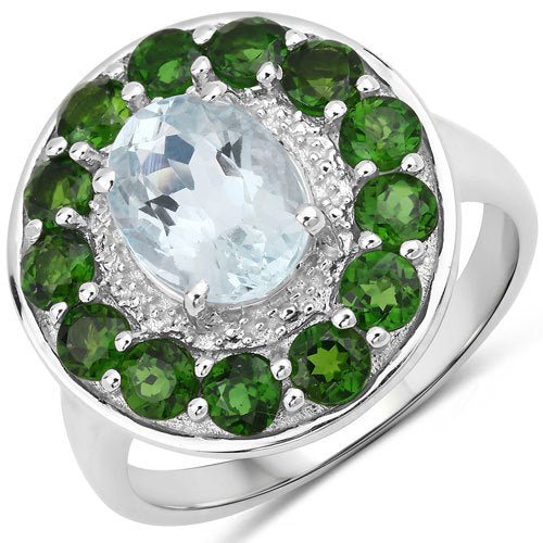 2.96 Carat Genuine Aquamarine and Chrome Diopside .925 Sterling Silver Ring - Rings - Custom Crafting Alliance, LLC