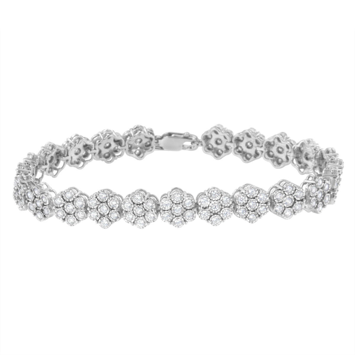 .925 Sterling Silver 2.0 cttw Diamond 7 Stone Floral Cluster Link Bracelet (I-J Color, I3 Clarity) -7.25