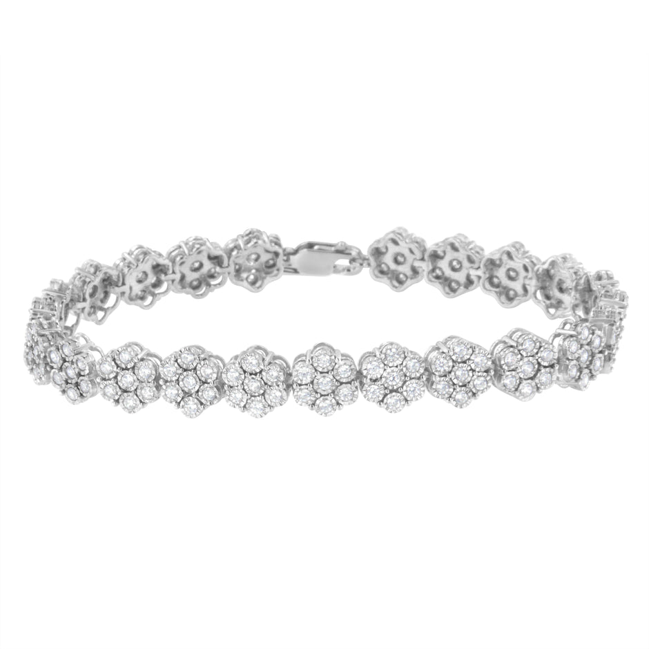 .925 Sterling Silver 2.0 cttw Diamond 7 Stone Floral Cluster Link Bracelet (I-J Color, I3 Clarity) -7.25"