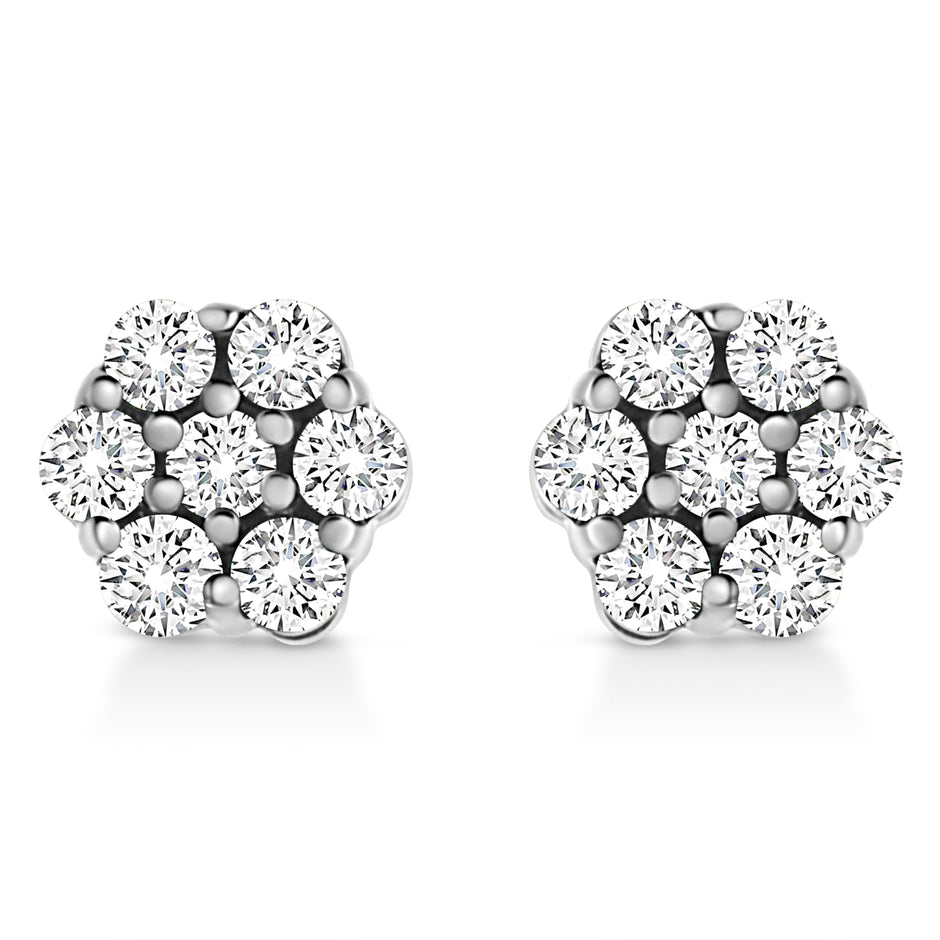 14K White Gold 1/2 Cttw Prong Set Round-Cut Diamond Flower Stud Earring (H-I Color, I1-I2 Clarity)