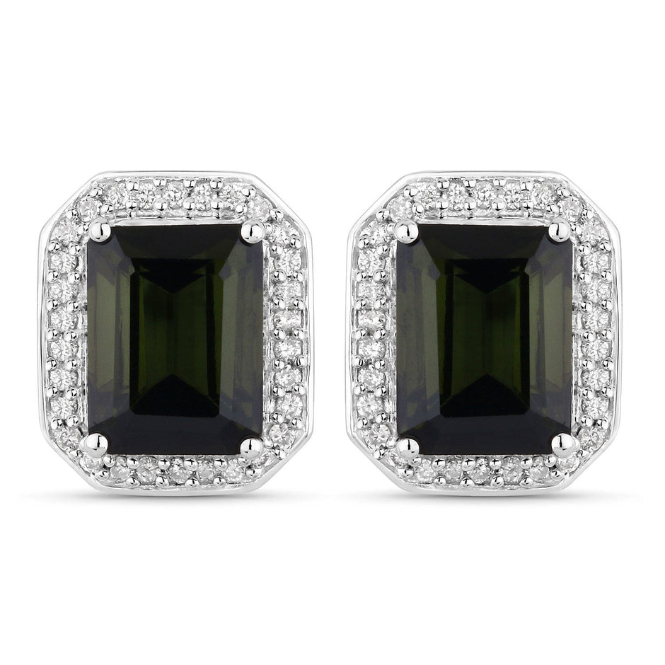 3.57 Carat Genuine Green Tourmaline and White Diamond 14K White Gold Earrings