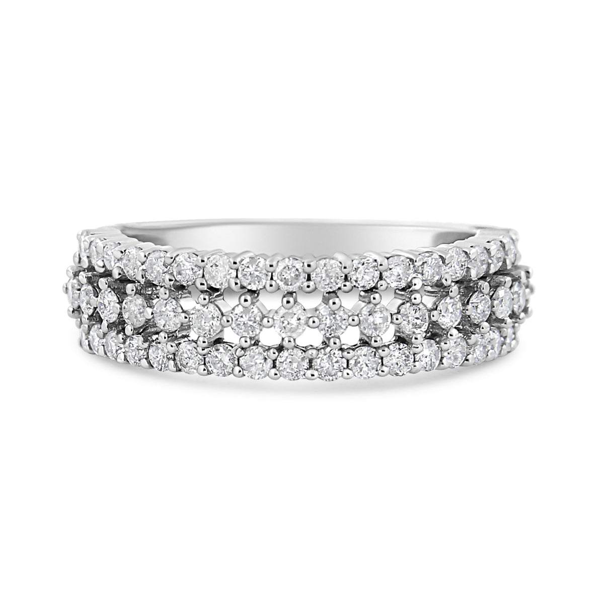 14K White Gold 1.0 Cttw Prong Set Round Diamond Split Shank Three Row Band Ring (H-I Color, I2-I3 Clarity) - Size 6