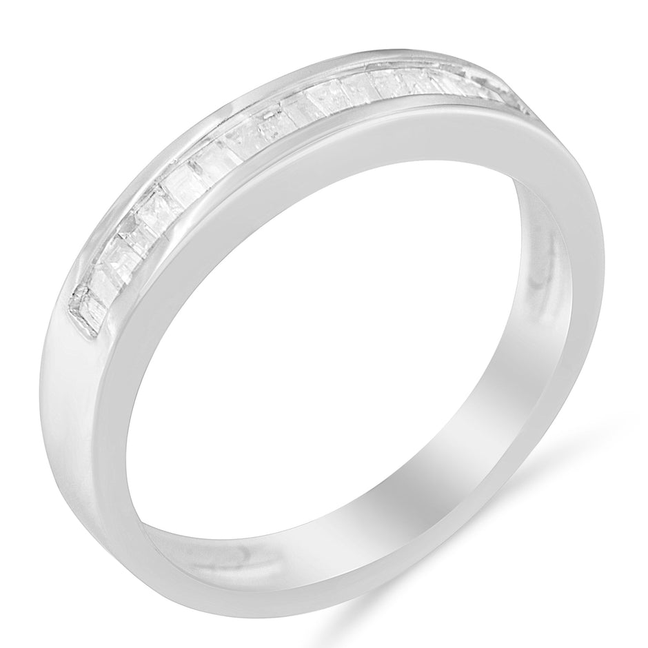 .925 Sterling Silver 1/3 Cttw Baguette Cut Diamond Channel Set Stackable Wedding Ring (H-I Color, I1-I2 Clarity) - Size 6-3/4