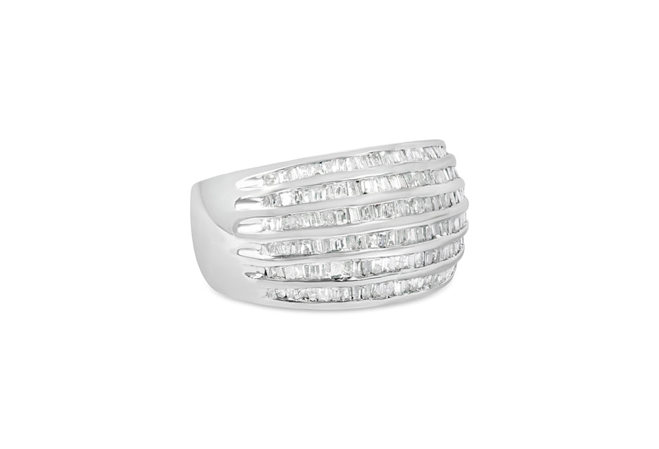 .925 Sterling Silver 1.0 Cttw Baguette-Cut Diamond 6-Row Channel Set Domed Tapered Cocktail Fashion Ring (H-I Color, I2-I3 Clarity) - Size 6-1/2