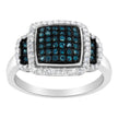 Black Rhodium Plated .925 Sterling Silver 1/2 Cttw White & Blue Diamond Square Halo Cocktail Ring (Fancy Blue & H-I Color, I2-I3 Clarity) - SIze 6