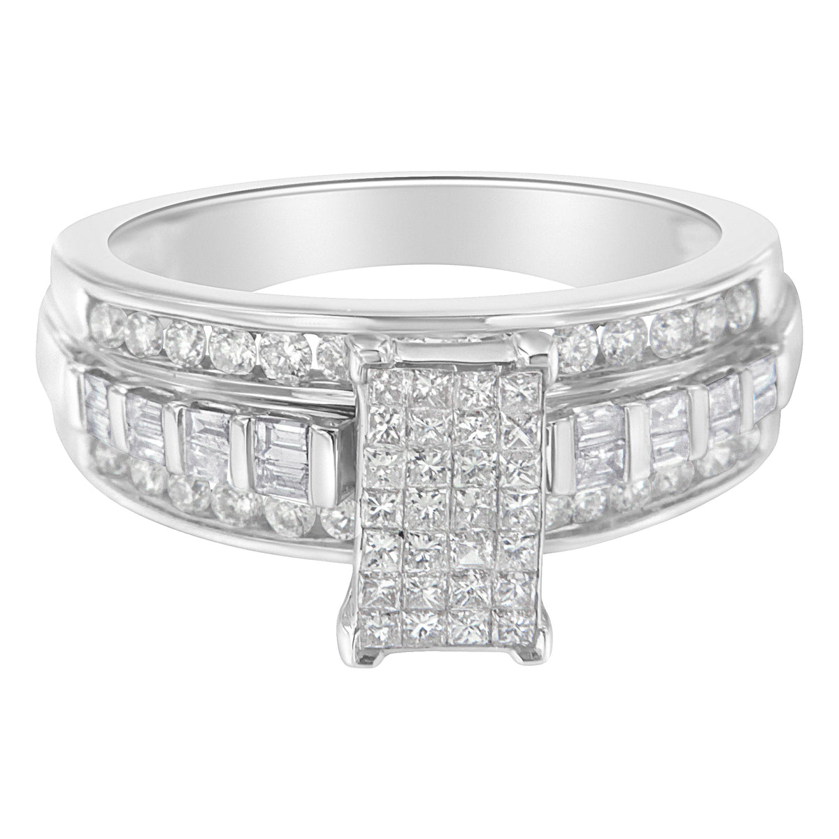 14K White Gold 1.0 Cttw Mixed-Cut Diamond Rectangle Invisible-Set Composite Cluster Ring with Bar- and Channel-Set Band (H-I Color, SI2-I1 Clarity) - Size 7