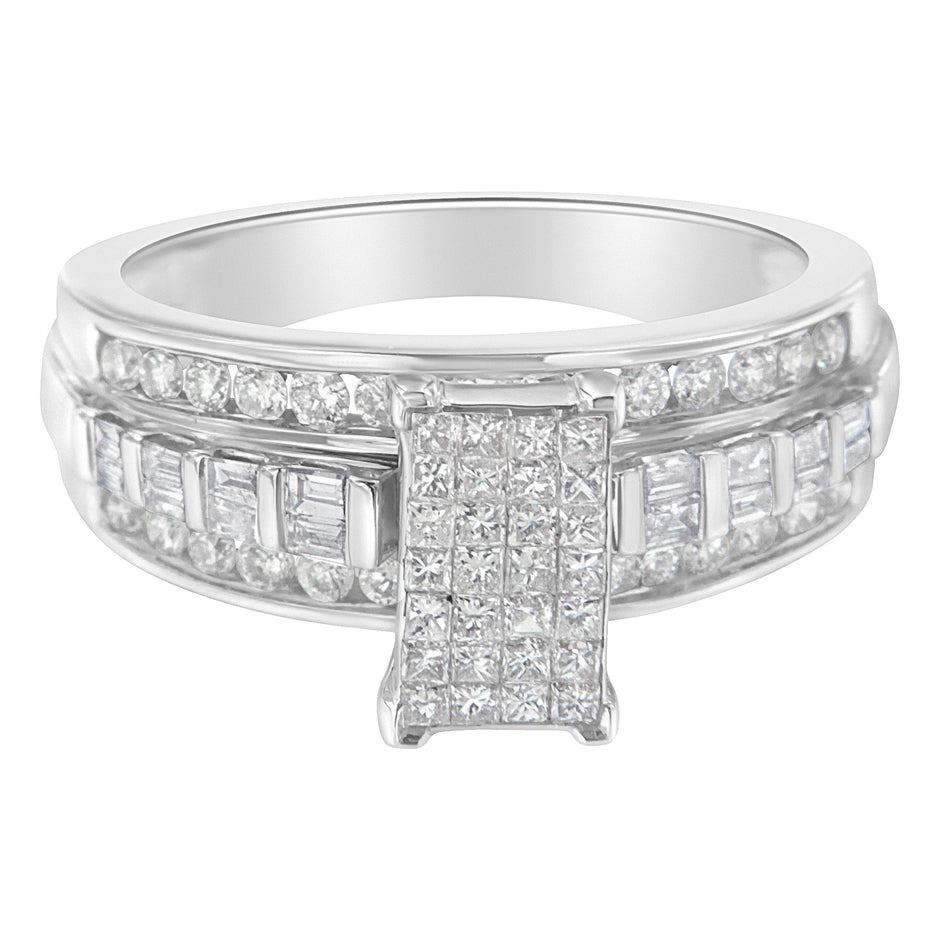 14K White Gold 1.0 Cttw Mixed-Cut Diamond Rectangle Invisible-Set Composite Cluster Ring with Bar- and Channel-Set Band (H-I Color, SI2-I1 Clarity) - Size 7
