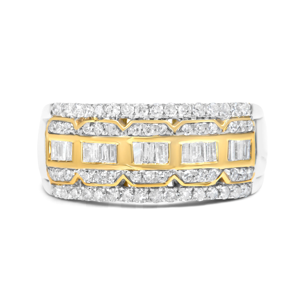 10K White and Yellow Gold 1.00 Cttw Baguette and Round cut Diamond Art Deco Multi-Row Ring Band (I-J Color, I1-I2 Clarity) - Ring Size 7