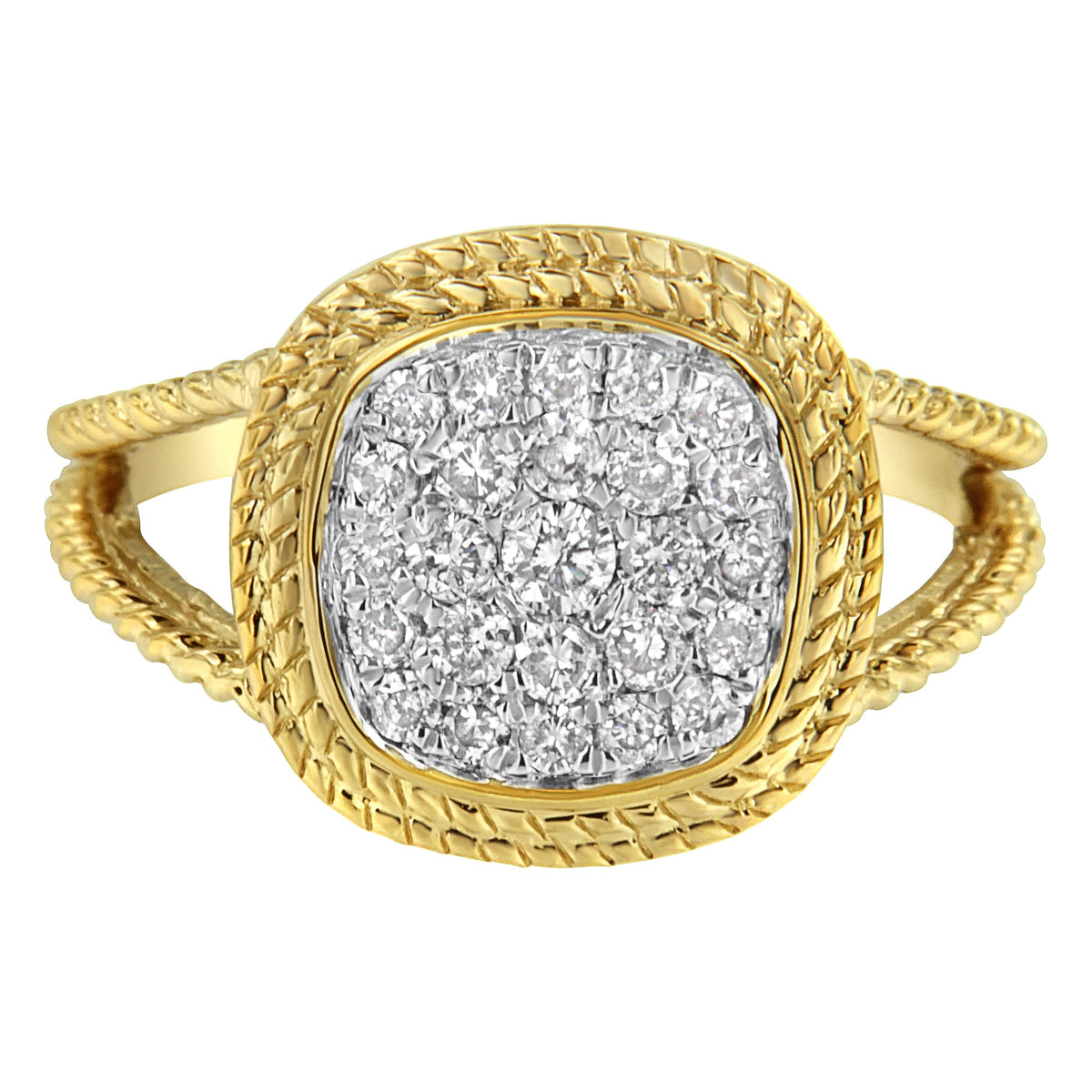 10K Yellow Gold Plated .925 Sterling Silver 1/2 Cttw Diamond Square Cushion Cluster Split Shank Cocktail Ring (J-K Color, I2-I3 Clarity) - Size 7