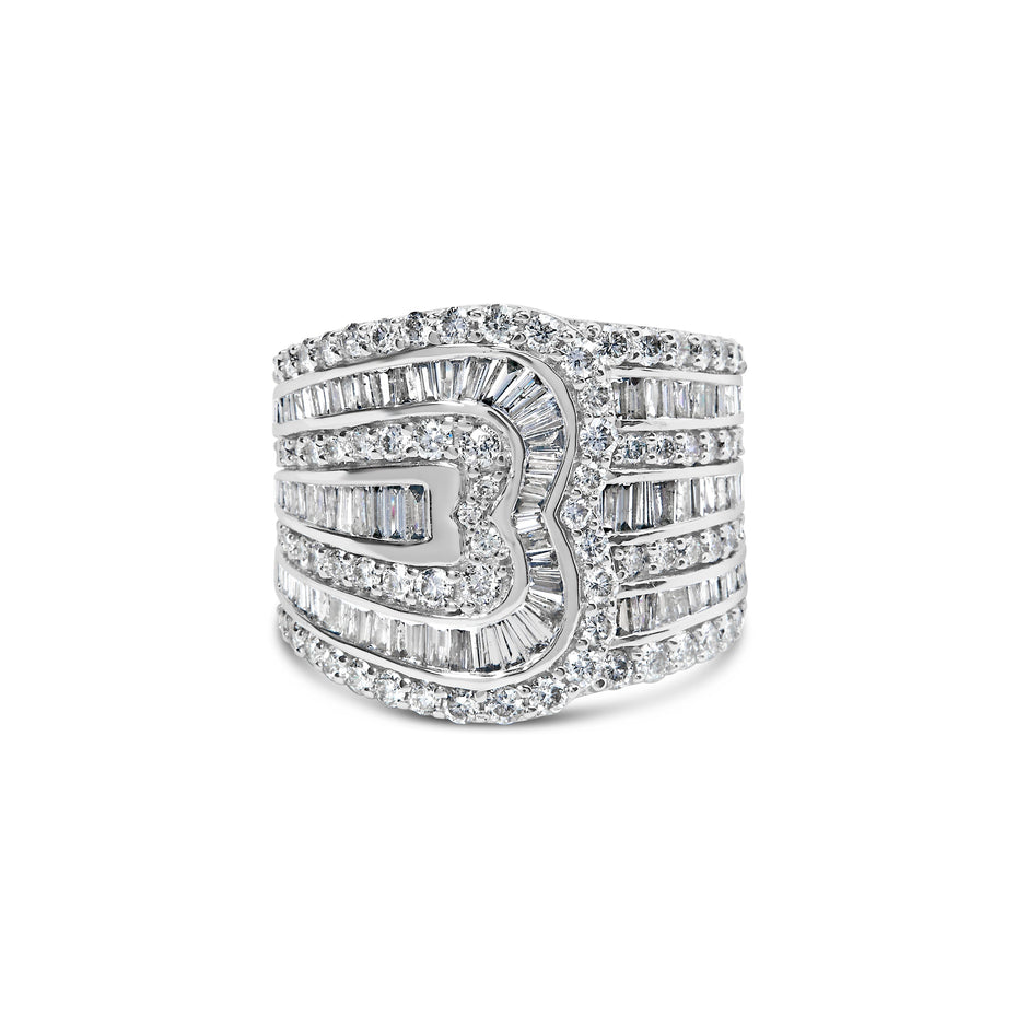 10K White Gold 2 1/2 Cttw Round and Baguette-Cut Diamond Multi-Row Bypass Ring (J-K Color, I2-I3 Clarity) - Ring Size 7