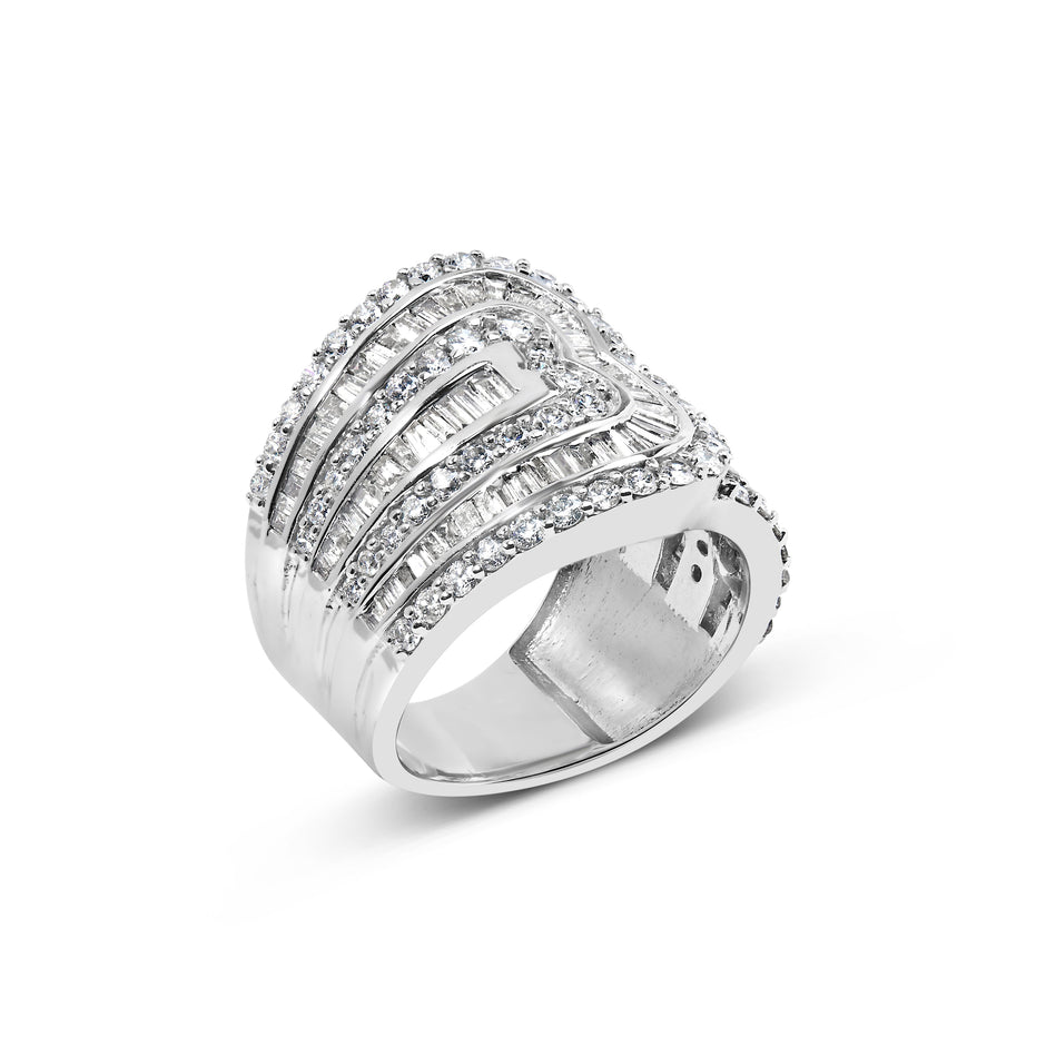 10K White Gold 2 1/2 Cttw Round and Baguette-Cut Diamond Multi-Row Bypass Ring (J-K Color, I2-I3 Clarity) - Ring Size 7