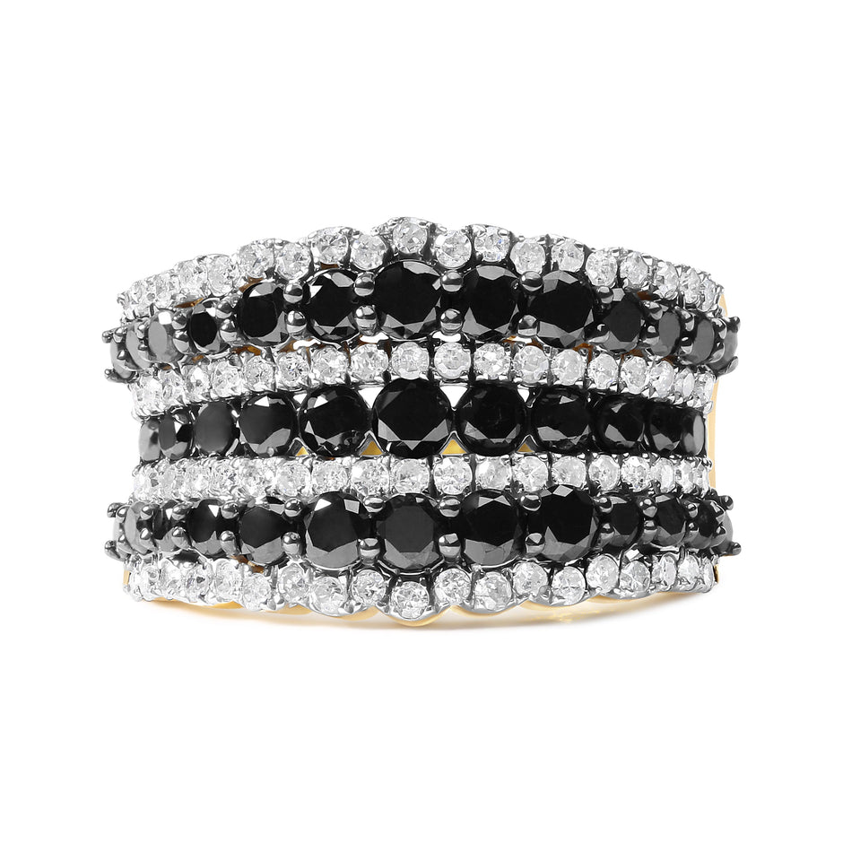 14K Yellow Gold Plated .925 Sterling Silver 1 3/4 Cttw Treated Black and White Alternating Diamond Multi Row Band Ring (Black / I-J Color, I2-I3 Clarity) - Size 7