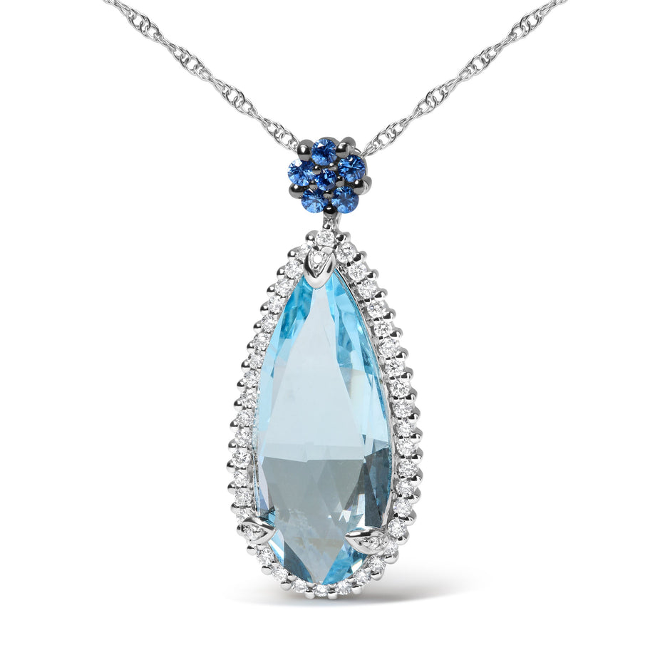 18K White Gold 3/8 Cttw Pave Set Diamond and Sky Blue Topaz and Blue Sapphire Gemstone Floral Teardrop Halo 18