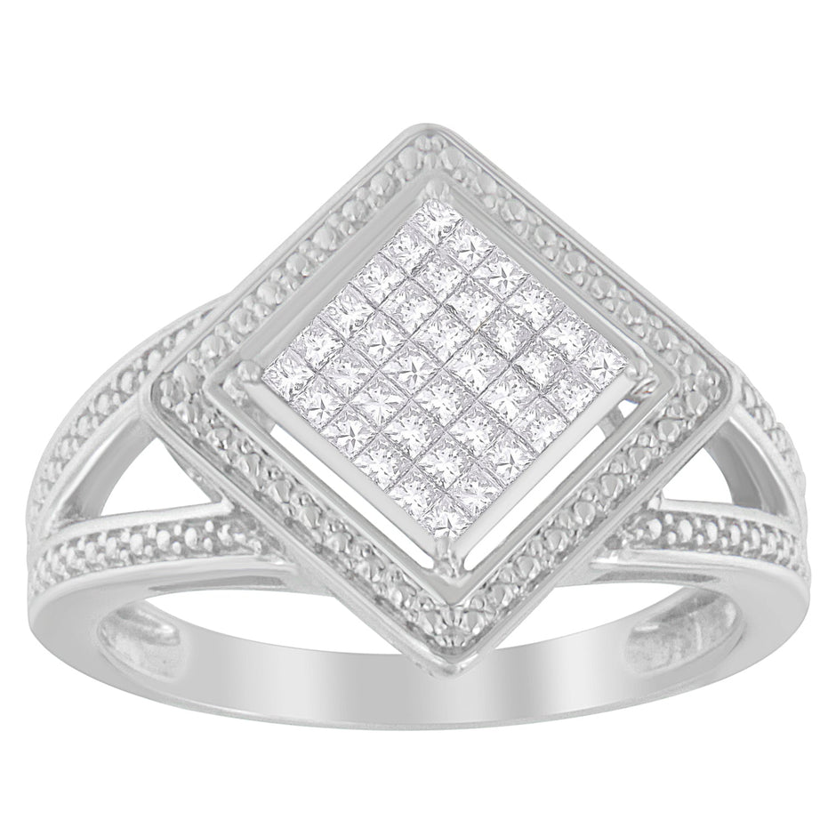 .925 Sterling Silver 1/3 Cttw Invisible Set Princess-Cut Diamond Rhombus and Beaded Halo Ring (H-I Color, SI1-SI2 Clarity) - Ring Size 7