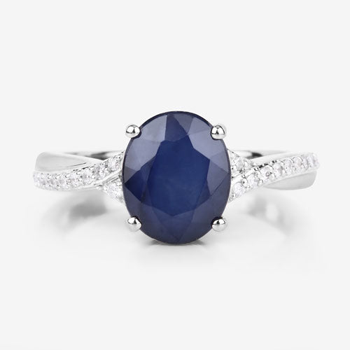 3.28 Carat Genuine Blue Sapphire and White Diamond 14K White Gold Ring - Rings - Custom Crafting Alliance, LLC