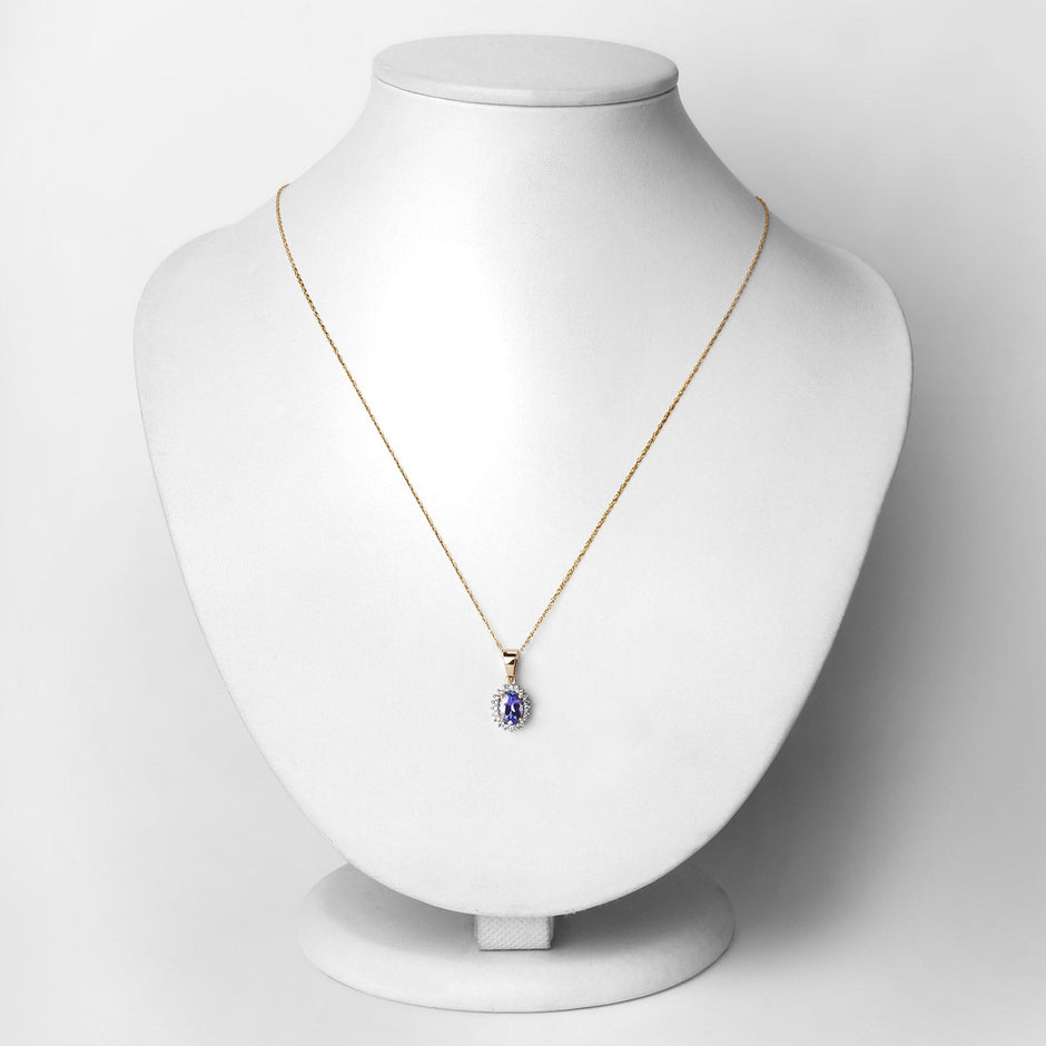 0.86 Carat Genuine Tanzanite and White Diamond 14K Yellow Gold Pendant