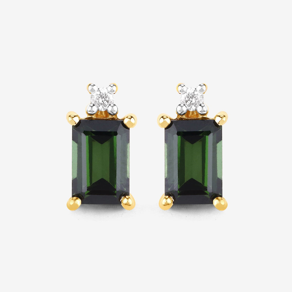 1.24 Carat Genuine Green Tourmaline and White Diamond 14K Yellow Gold Earrings
