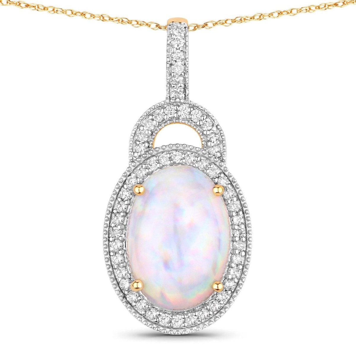 3.30 Carat Genuine Ethiopian Opal and White Diamond 14K Yellow Gold Pendant - Pendants - Custom Crafting Alliance, LLC