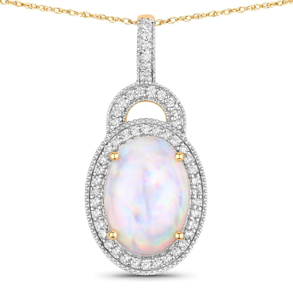 3.30 Carat Genuine Ethiopian Opal and White Diamond 14K Yellow Gold Pendant - Pendants - Custom Crafting Alliance, LLC