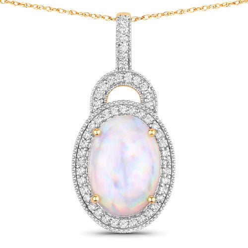 3.30 Carat Genuine Ethiopian Opal and White Diamond 14K Yellow Gold Pendant - Pendants - Custom Crafting Alliance, LLC