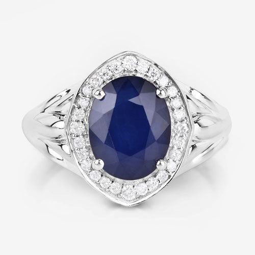 3.31 Carat Genuine Blue Sapphire and White Diamond 14K White Gold Ring - Rings - Custom Crafting Alliance, LLC