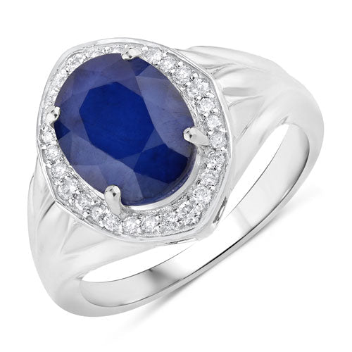 3.31 Carat Genuine Blue Sapphire and White Diamond 14K White Gold Ring - Rings - Custom Crafting Alliance, LLC